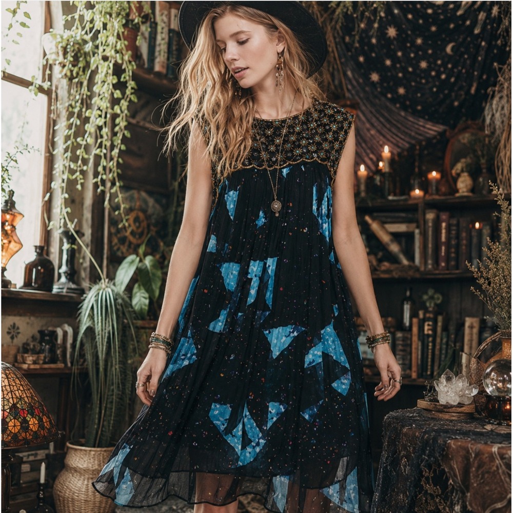 Anthropologie‎ Moulinette Soeurs Beaded Swing Dress Ethereal Whimsical Dainty 8